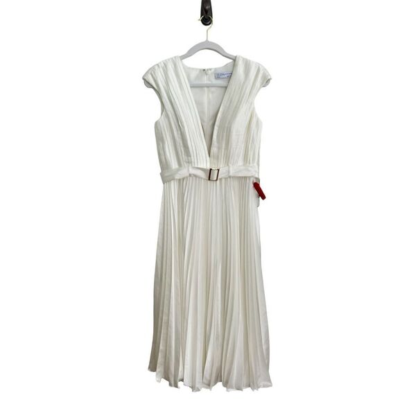 Ieena For Mac Duggal Cap Sleeve Belted A-Line Midi Dress White Women's Size 6 - Picture 3 of 12